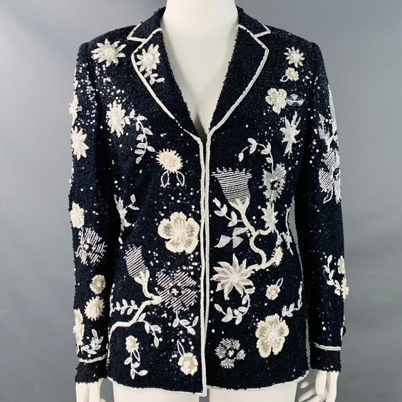 ESCADA Size L Navy Black White Sequined Beaded Floral Jacket Blazer - Picture 1 of 9